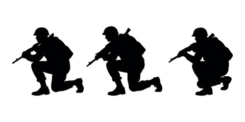 Detailed crouching army figure silhouette, representing discipline, cover tactics, and battlefield realism. Perfect for use in tactical branding or war-themed art.
