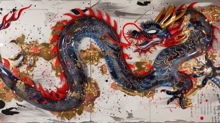 Colorful abstract dragon artwork with red and gold accents
