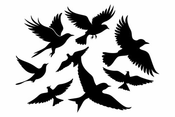Obraz premium A flock of birds in flight, depicted as a collection of black silhouettes against a white background.