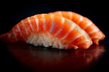 Two salmon nigiri resting on a dark surface
