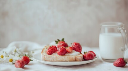 Breakfast Delight: A picturesque close-up of a gourmet breakfast, with a slice of toasted bread topped with fresh strawberries, a dollop of cream, accompanied by a glass of milk, beautifully styled.