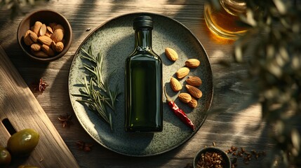 Olive Oil Bottle on Ceramic Plate Surrounded by Peppers, Rosemary, and Nuts. Copy Space. Generative AI.