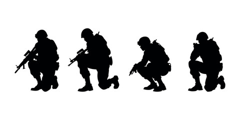 Detailed crouching army figure silhouette, representing discipline, cover tactics, and battlefield realism. Perfect for use in tactical branding or war-themed art.