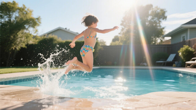 Excited young boy jumping into a backyard swimming pool during a bright sunny summer afternoon, having fun and splashing water joyfully