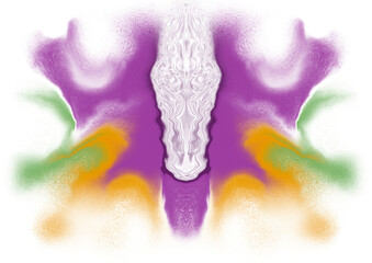 Violet, orange, and green burst outward from a bright white center in a dramatic mirrored shape.