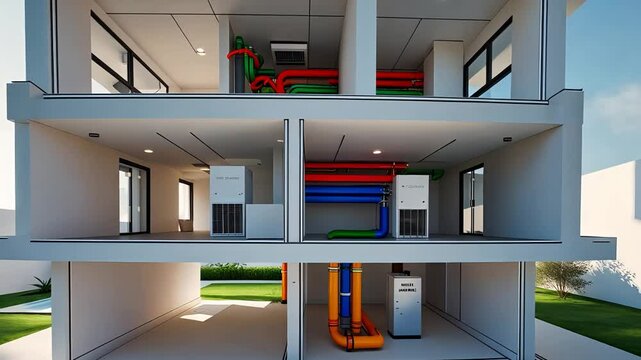 Cutaway view of modern residential building interior showing HVAC system, ventilation ducts, and mechanical room with sunlight outside

