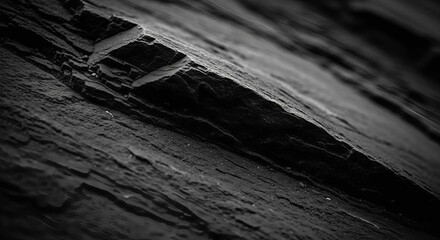 Black and white close-up of a textured rock wall, showcasing the volumetric details of the stone surface, Generative AI.