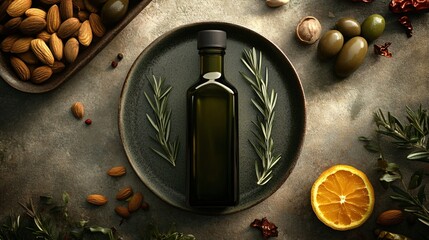 Olive Oil Bottle on Ceramic Plate Surrounded by Peppers, Rosemary, and Nuts. Copy Space. Generative AI.