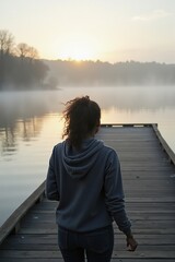Fototapeta premium A black woman is fishing from a wooden pier at dawn, wearing a hoodie. Soft morning light and mist over the lake create a serene atmosphere