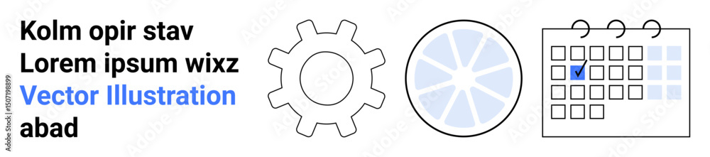 Poster gear, segmented pie chart, and calendar with checkbox symbolizing teamwork, strategy, analytics, tas