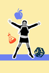 Trendy poster art collage of happy schoolgirl jump cube math chemistry flask wear uniform rucksack apple fruit education