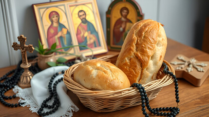 Bread in a wicker basket, rosaries and icons on a wooden table during the great Christian Lent, Lenten food during the Great Orthodox Lent