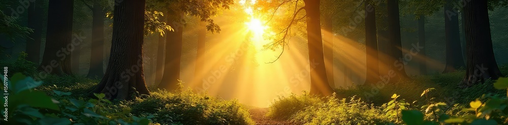 Canvas Prints golden sunbeams pierce through gaps in a dense forest canopy, illuminating the forest floor with dap