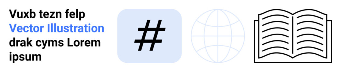metadata tag, globe, and open book icons next to creative text overlay concepts. Ideal for education, publishing, social media, digital learning, networking, innovation simple landing page