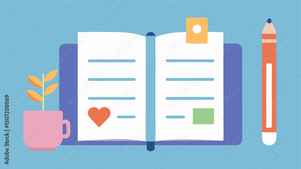 Poster mindfulness journal an open notebook with a pen beside it featuring sections for daily goals reflect