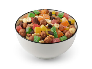 Mixed candied fruit and nuts in ceramic bowl