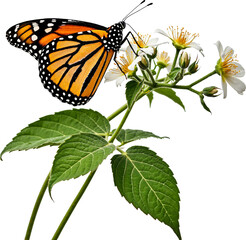 Common milkweed with monarch butterfly, isolated on transparent background for nature-themed projects and educational materials.