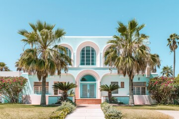 Fototapeta premium Coastal home with palm trees and blue sky
