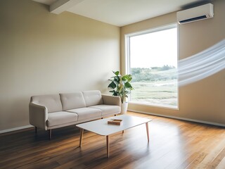 Fototapeta premium A modern air conditioner with a blue stream of fresh, cool breeze in the living room