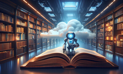 AI Robot in an Antique Library with a Book