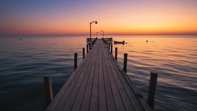 Wooden pier at sunset over calm ocean