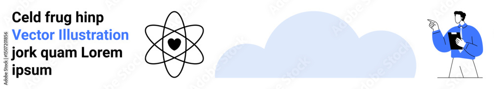 Aufkleber man pointing at an atom model with heart at its center next to simplistic cloud graphic and placehol