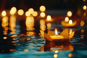 Floating Candle Lantern: Serene floating candle lantern shaped like a lotus flower, illuminating the dark water with its warm glow, surrounded by other candle lights creating a magical atmosphere.