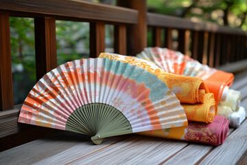 Cultural Fan Display: An array of beautifully crafted, colorful fans and textiles, capturing the essence of traditional craftsmanship and artistic expression. 