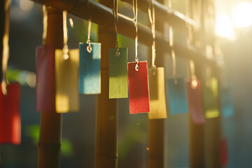 Colorful Tags Hanging: A close-up of several colorful tags, each with a unique hue, delicately suspended, catching the soft sunlight and embodying the simple beauty of everyday objects.