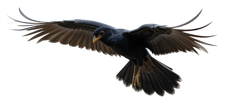 Asian Koel in flight, wings spread with glossy black feathers.
Natural posture, high detail, on transparent background.