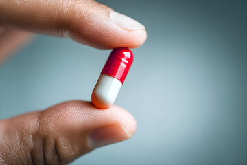 Fingers holding red and white pill on blue background