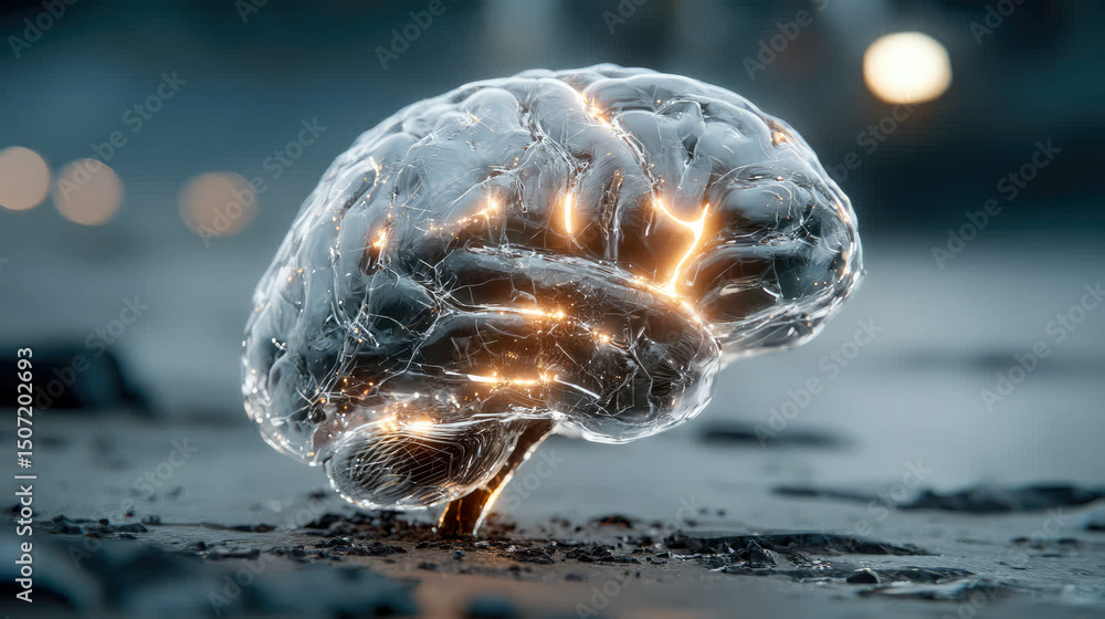 Poster glowing digital brain made of translucent fibers emitting light, symbolizing advanced artificial int