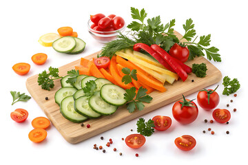 Freshly Sliced Vegetables and Herbs on a Wooden Cutting Board with Cherry Tomatoes and Cucumber Decorations Pro PNG white background