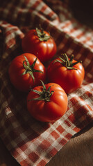 Close-up of Fresh Red Tomatoes on Checkered Cloth and Wooden Surface in Warm Sunlight
