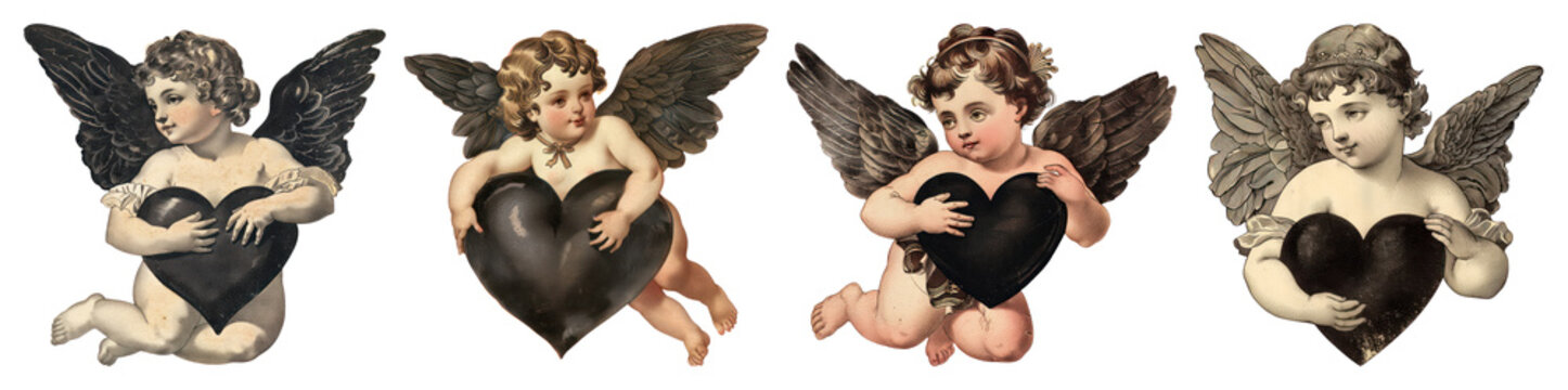 Naklejki PNG Vintage cherubs holding black hearts, element set on transparent background