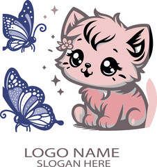 cute kitten with a butterfly logo icon vector .