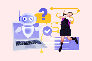 Creative composite sketch design artwork collage of young schoolgirl jump laptop bot academic education virtual classwork digital learning