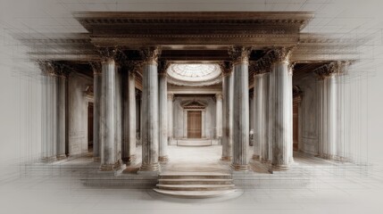 An elegant interior space featuring grand columns and a domed ceiling, showcasing classic architectural beauty.