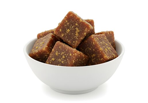 jaggery in a white bowl isolated on a white background 