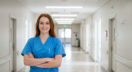 Confident woman in blue scrubs smiling in hospital corridor  