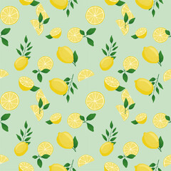 Lemon and leaves vector seamless pattern illustration
