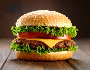 classic tasty burger on a wooden tablet, burger menu, junk fast food, french fries and the burger with meat, cooking a burger at home