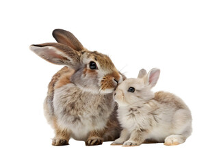 Obraz premium A mother rabbit and a baby rabbit on white background 