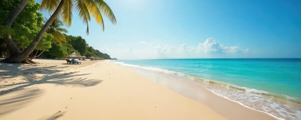 Relaxing sun-kissed sand on a secluded beach, gentle waves lapping the shore, perfect for a peaceful escape Ideal for travel, vacation, and summer themes , coast, tropical, coastal