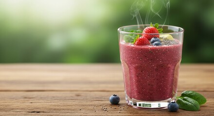 Fresh Berry Smoothie with Mint and Chia Seeds in Glass Cup