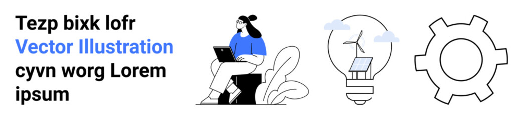 Woman working on laptop, solar panel inside light bulb, and gear symbolizing technology, innovation, power, sustainability, renewable energy, teamwork, creativity simple landing page