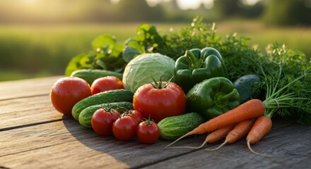 Fresh Organic Vegetables Arranged on Rustic Wooden Table at Sunset