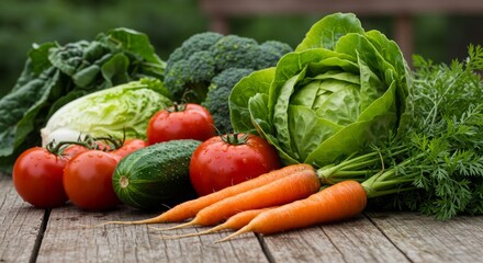 Fresh Organic Vegetables Displayed on Rustic Wooden Table