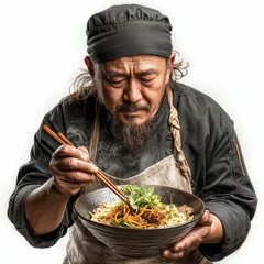 Asian chef preparing ramen dish in studio culinary art focus isolated white background