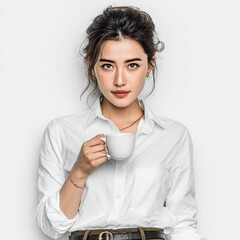 Calm portrait of asian woman enjoying coffee against white background serenity in close-up